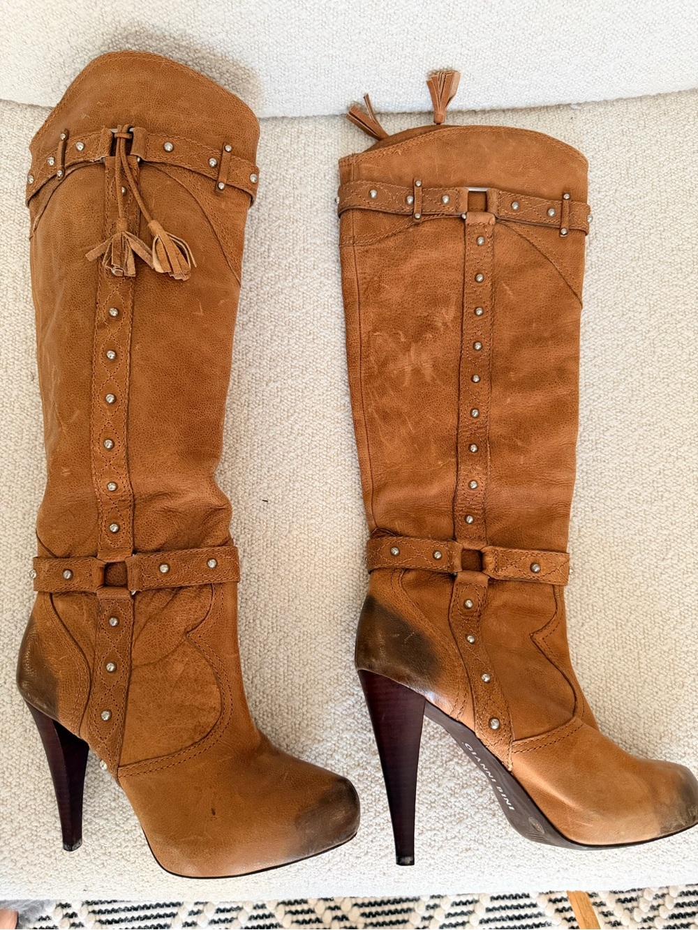 Gianni Bini Tan Suede Tassel Studded Knee-High Heeled Boots